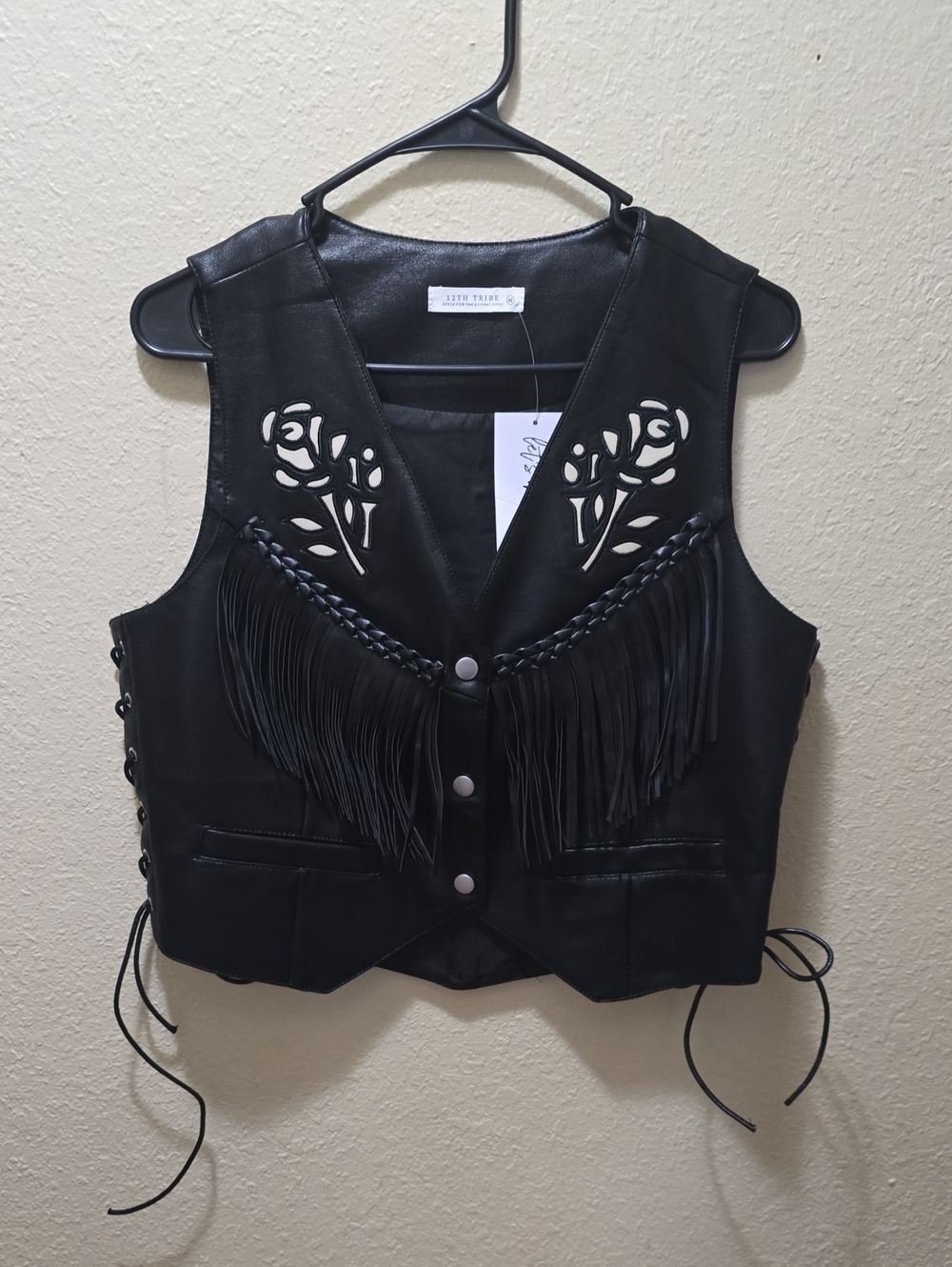 NWT 12th Tribe Black Faux Leather Floral Cutout Fringe Vest Top
